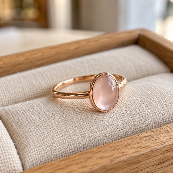 Ring aus Rotgold mit Rosenquarz auf einem Holztablett